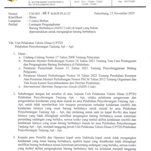 KSOP Kelas I Palembang Tegaskan Tidak Pernah Izinkan Pengangkutan BBM di Kapal Penyeberangan
