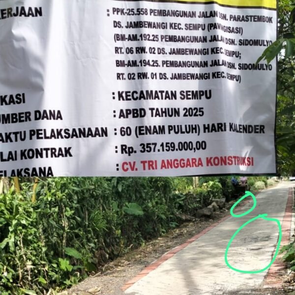Diduga Tak Sesuai Spesifikasi,  Proyek Pavingisasi di Jambewangi Sempu Berpotensi Rugikan Negara.