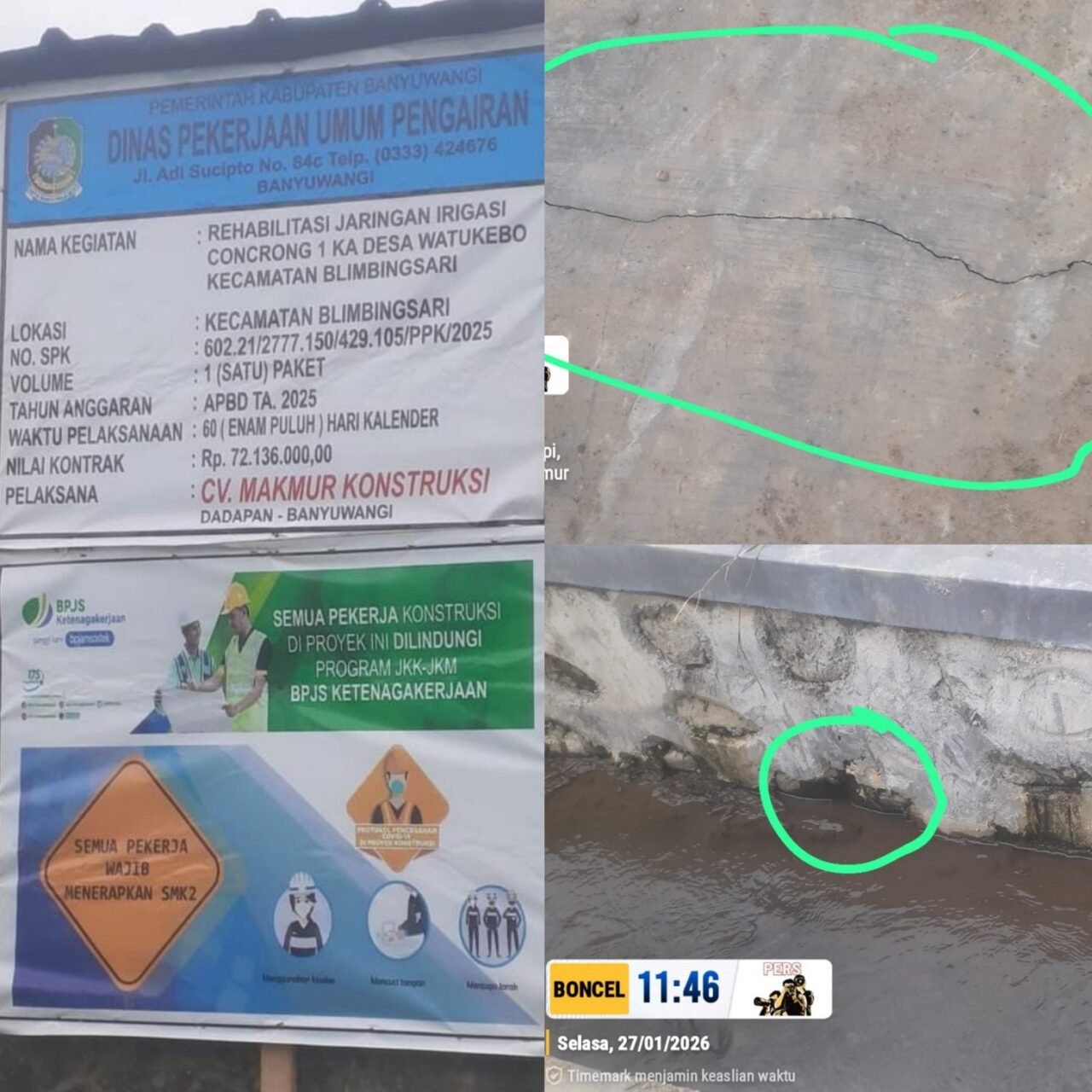 Proyek Rehabilitasi Irigasi di Watukebo Disorot, Ditemukan Retakan Beton dan Dugaan Kualitas Pekerjaan Rendah