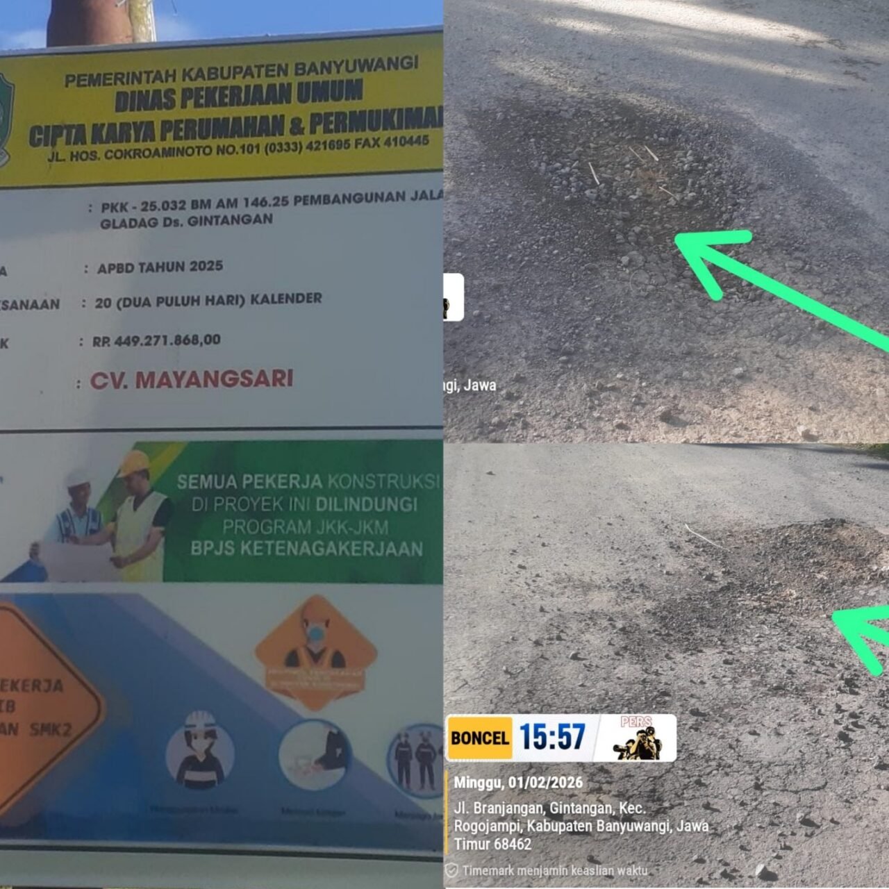 Proyek Pengaspalan Baru Seumur Jagung di Gintangan Banyuwangi Sudah Rusak Parah, Publik Pertanyakan Mutu dan Pengawasan.