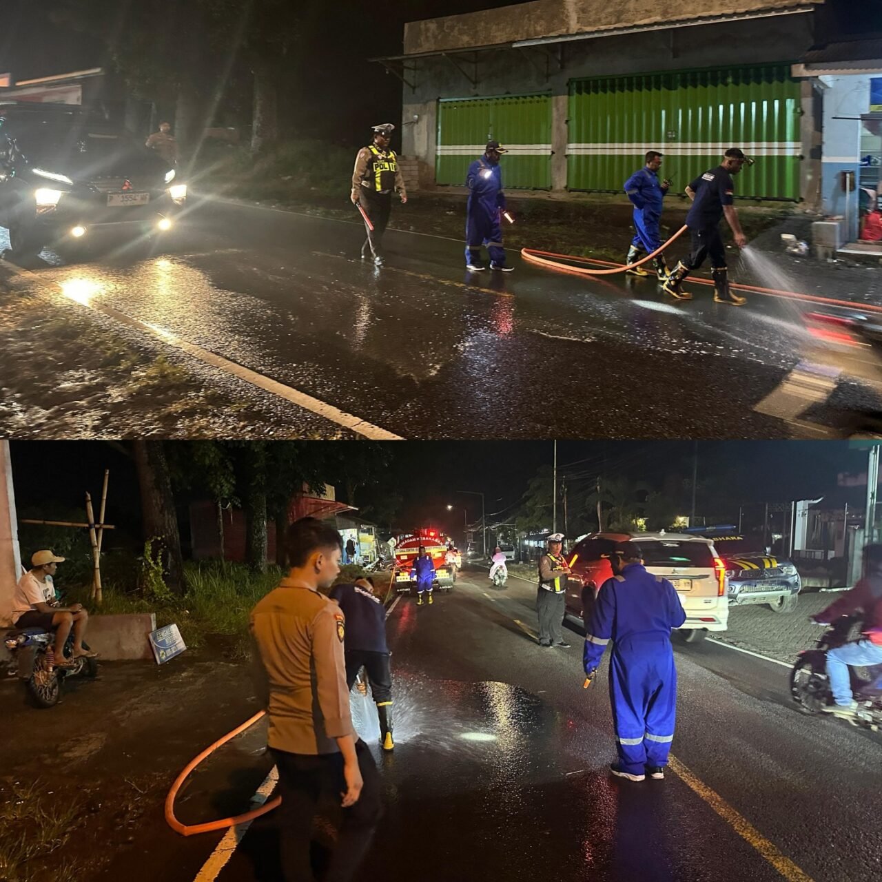 Respon Cepat Polsek Kalibaru Tangani Tumpahan Solar di Jalur Provinsi, Lalu Lintas Kembali Normal