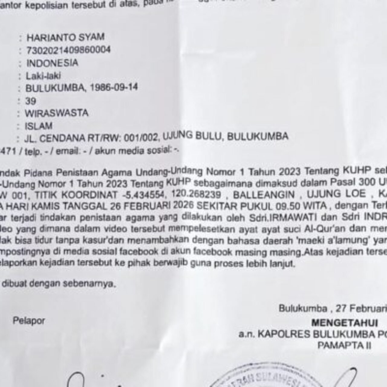 Dua Kreator Facebook di Bulukumba Resmi Dilaporkan ke Polisi Atas Dugaan Penistaan Agama